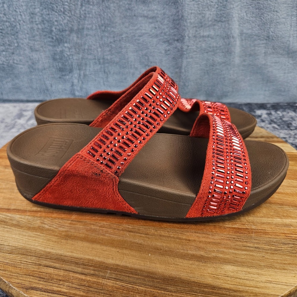 FitFlop Incastone Toe Post Sandals Womens Size 6 Red Embellished Thong Slide